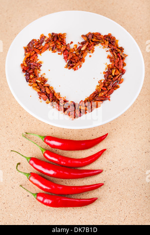 Heiße Liebe Konzept, rote Chilischoten auf Teller in Herzform angeordnet. Stockfoto