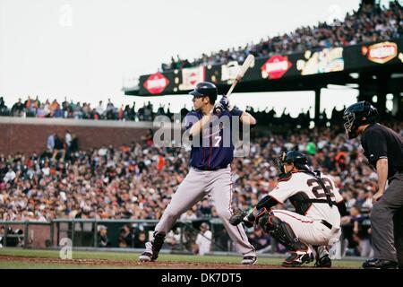 21. Juni 2011 - San Francisco, Kalifornien, USA - Minnesota Twins Catcher Joe Mauer (7) at bat während der MLB-Spiel zwischen den San Francisco Giants und den Minnesota Twins.  Die Minnesota Twins gewinnen das Spiel 9-2. (Kredit-Bild: © Dinno Kovic/Southcreek Global/ZUMAPRESS.com) Stockfoto