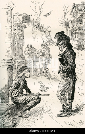 Oliver fällt mit der Artful Dodger. Illustration von Harry Furniss für Charles Dickens Novel Oliver Twist. Stockfoto