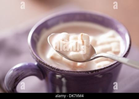 Kakao mit kleine Marshmallows in Löffel Stockfoto