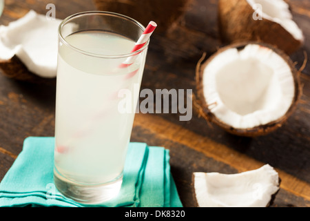 Frische Bio Kokosnuss-Wasser in einem Glas Stockfoto