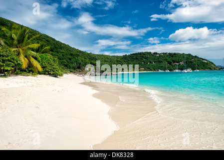 Der idyllische tropische Sandstrand an der White Bay auf Jost Van Dyke auf den Britischen Jungferninseln. Der Strand an der Südküste von Jost Van Dyke ist berühmt für eine Reihe von Bars, in denen tropische Getränke serviert werden, vor allem die soggy Dollar Bar, und ist ein beliebter Halt für Tagesboote. Die Karibik ist bekannt für ihre vielfältige Unterwasserwelt und Korallenriffe und verfügt über einige der schönsten und am besten erhaltenen Strände der Welt. Stockfoto