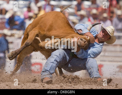 23. Juli 2011 - führt Cheyenne, Wyoming, USA - Rodeo - SHELDON PORTWINE im Steer Wrestling Wettbewerb während der Cheyenne Frontier Days, der weltweit größte outdoor-Rodeo mit über 1.500 Teilnehmern und eine Annäherung an $ 1 Million Preisgeld. Jetzt im 115. Jahr bietet dieser westlichen Feier eine einzigartige Kombination von PRCA Rodeo Tagesaktivitäten und Abendkonzerte mit Stockfoto