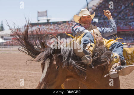 23. Juli 2011 - führt Cheyenne, Wyoming, USA - Rodeo - BOBBY MOTE im Bareback Riding Wettbewerb während der Cheyenne Frontier Days, der weltweit größte outdoor-Rodeo mit über 1.500 Teilnehmern und eine Annäherung an $ 1 Million Preisgeld. Jetzt im 115. Jahr bietet dieser westlichen Feier eine einzigartige Kombination von PRCA Rodeo Tagesaktivitäten und Abendkonzerte mit Top-fl Stockfoto