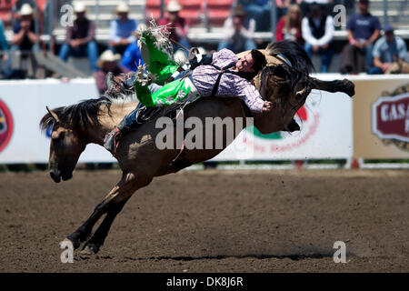 24. Juli 2011 - Salinas, Kalifornien, USA - Caleb Bennett von Morgan, UT reitet Angriff während der kurzen Runde bei der California Rodeo Salinas in Salinas, CA. (Credit-Bild: © Matt Cohen/Southcreek Global/ZUMAPRESS.com) Stockfoto