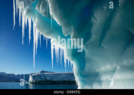 Antarktis, hängt Eiszapfen von schmelzenden Eisberg vom Petermann Island in der Nähe von Lemaire-Kanal Stockfoto