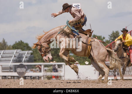 25. Juli 2011 - führt Cheyenne, Wyoming, USA - Rodeo - JACE GARRETT im Sattel Bronc Reiten Wettbewerb während der Cheyenne Frontier Days, der weltweit größte outdoor-Rodeo mit über 1.500 Teilnehmern und eine Annäherung an $ 1 Million Preisgeld. Jetzt im 115. Jahr bietet dieser westlichen Feier eine einzigartige Kombination von PRCA Rodeo Tagesaktivitäten und Abendkonzerte mit Stockfoto