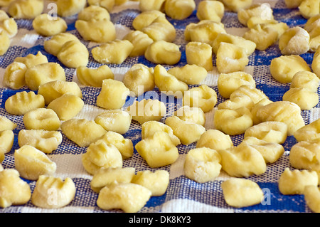 Handgemachte Klöße auf einem quadratischen Tuch bereit, Kochen Stockfoto