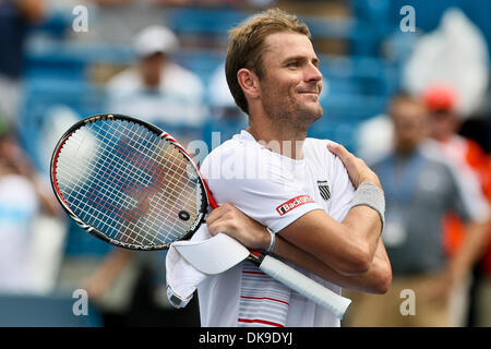 19. August 2011 - Cincinnati, Ohio, US - Mardy Fish (USA) feiert seinen Spiel-Sieg bei den W & S Open im Lindner Familie Tennis Center in Cincinnati, OH gespielt wird. Fisch besiegt Rafael Nadal (ESP) 6-3,6-4. (Kredit-Bild: © John Longo/Southcreek Global/ZUMAPRESS.com) Stockfoto