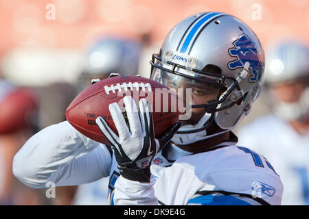 19. August 2011 - Cleveland, Ohio, USA - Detroit Wide Receiver spielte Derrick Williams (15) vor der Vorsaison Spiel gegen die Cleveland Browns in Cleveland Browns Stadium in Cleveland, Ohio.  Die Detroit Lions besiegten die Cleveland Browns 30-28. (Kredit-Bild: © Frank Jansky/Southcreek Global/ZUMAPRESS.com) Stockfoto