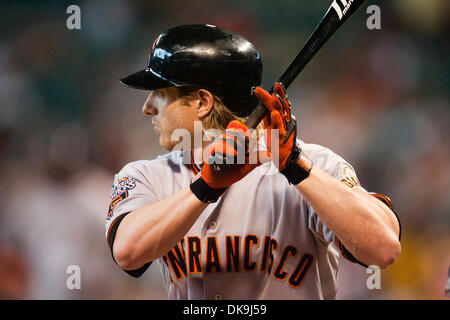 21. August 2011 - Houston, Texas, USA - San Francisco wenn Mike Fontenot (14) gegen die Astros Wimper. San Francisco Giants gegen die Houston Astros 6-4 in 11-Inning im Minute Maid Park in Houston Texas ist. (Kredit-Bild: © Juan DeLeon/Southcreek Global/ZUMAPRESS.com) Stockfoto