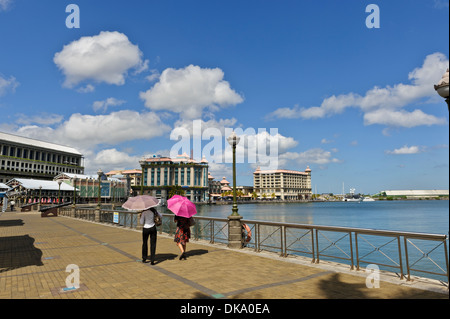 Caudan Waterfront mit Restaurants, Bars und beliebten Sehenswürdigkeiten, Port Louis, Mauritius. Stockfoto