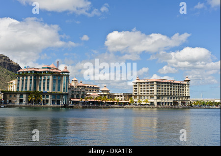 Caudan Waterfront mit Restaurants, Bars und beliebten Sehenswürdigkeiten, Port Louis, Mauritius. Stockfoto