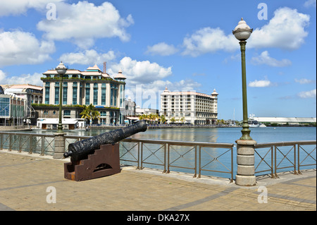 Caudan Waterfront mit Restaurants, Bars und beliebten Sehenswürdigkeiten, Port Louis, Mauritius. Stockfoto