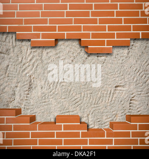 Gebrochene rote Brickwall mit Grunge-Wand im Hintergrund Stockfoto