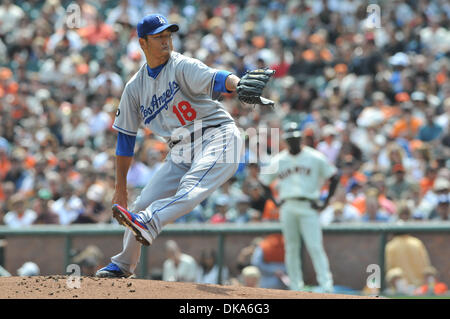 11. September 2011 Stellplätze ab - San Francisco, Kalifornien - Los Angeles Schwindler Krug HIROKI KURODA (#18) während das Spiel am Sonntag im AT&T Park.  Die Riesen und die Dodgers sind 1: 1 nach 2 und eine halbe Innings gebunden. (Kredit-Bild: © Scott Beley/Southcreek Global/ZUMAPRESS.com) Stockfoto