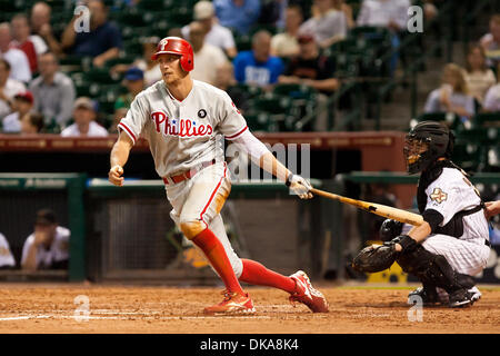 12. September 2011 - Houston, Texas, USA - Philadelphia Phillies Recht Fielder Hunter Pence (3) an der Platte gegen die Houston Astros. Houston Astros besiegten die Philadelphia Phillies 5-1 im Minute Maid Park in Houston Texas. (Kredit-Bild: © Juan DeLeon/Southcreek Global/ZUMAPRESS.com) Stockfoto