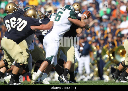 17. September 2011 - South Bend, Indiana, USA - Notre Dame Fighting Irish Quarterback, die Tommy Rees (11) von Michigan State Spartans defensive Tackle Kevin Pickelman (96) bei Notre Dame Stadium geplündert ist. Notre Dame besiegte Michigan State 31-13. (Kredit-Bild: © Rey Del Rio/Southcreek Global/ZUMAPRESS.com) Stockfoto