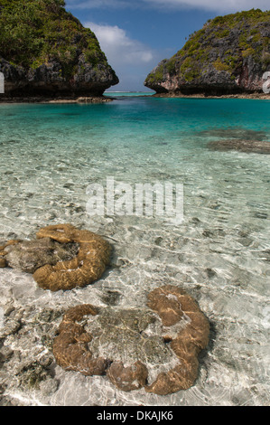 Wasser plätschern über Klumpen von Korallen in der Nähe der Oberfläche und Formen in den Sand unter Wasser, Fulaga Lagune, Laus-Inseln, Fidschi Stockfoto