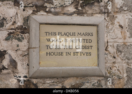 Das älteste Hauszeichen an der Wand in St Ives Cornwall Stockfoto