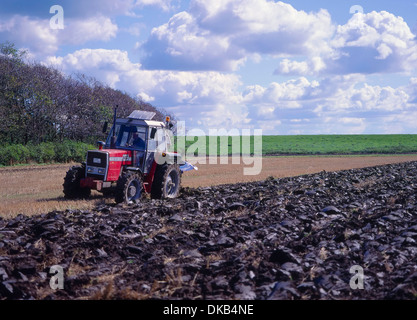 Traktor auf dem Hof, ähm um Feld, Traktor Auf Dem Acker, Traktor Pfluegt Feld pflügen Stockfoto