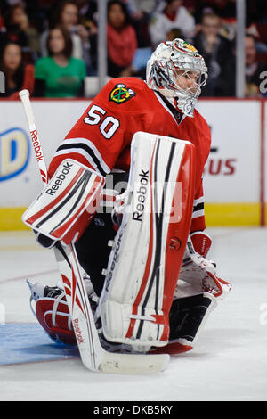 Sep 28, 2011 - Chicago, Illinois, USA - Chicago Torwart Corey Crawford (50) während des NHL-Vorsaison-Spiels zwischen den Chicago Blackhawks und den Detroit Red Wings im United Center in Chicago, IL. Die Blackhawks besiegt die Red Wings 4-3. (Kredit-Bild: © John Rowland/Southcreek Global/ZUMAPRESS.com) Stockfoto