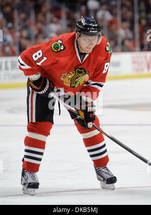 Sep 28, 2011 - Chicago, Illinois, USA - Chicago-Rechtsaußen Marian Hossa (81) während des NHL-Vorsaison-Spiels zwischen den Chicago Blackhawks und den Detroit Red Wings im United Center in Chicago, IL. Die Blackhawks besiegt die Red Wings 4-3. (Kredit-Bild: © John Rowland/Southcreek Global/ZUMAPRESS.com) Stockfoto