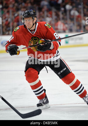 Sep 28, 2011 - Chicago, Illinois, USA - Chicago-Rechtsaußen Marian Hossa (81) während des NHL-Vorsaison-Spiels zwischen den Chicago Blackhawks und den Detroit Red Wings im United Center in Chicago, IL. Die Blackhawks besiegt die Red Wings 4-3. (Kredit-Bild: © John Rowland/Southcreek Global/ZUMAPRESS.com) Stockfoto