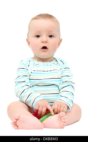 Niedliche Baby-sitting auf weiß Stockfoto
