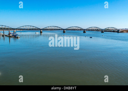 Metall Eisenbahnbrücke überspannt große Flussmündung blauen Himmel und ruhigem Wasser Stockfoto