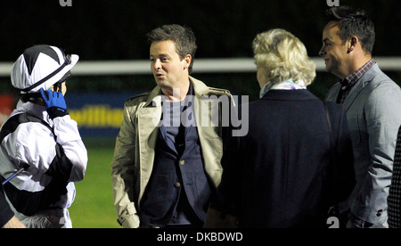 Declan Donnelly aka Dez und Anthony McPartlin aka Ant im Gespräch mit Jockey Hayley Turner in Kempton Racecourse Surrey England - Stockfoto