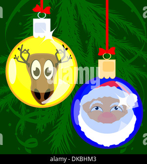 auf einem grünen Hintergrund gibt es zwei Weihnachtskugeln Stockfoto