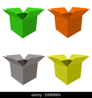 Offenen Leerboxen aus einer Vielzahl von Farben in einer Gruppe angeordnet. Stockfoto