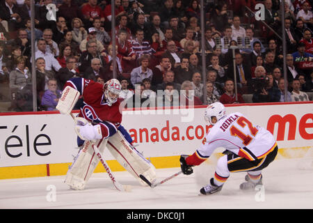 13. Oktober 2011 - Montreal, Quebec, Kanada - Montreal Canadiens Goalie Carey Price (31) spielt den Puck vor Calgary Flames weiterleiten Jarome Iginla (12) im zweiten Zeitraum Spielaktion bei den Montréal Canadiens nach Hause Saisonauftakt gegen die Calgary Flames im Centre Bell. Nach zwei Perioden, Calgary führt 4-1. (Kredit-Bild: © Phillippe Champoux/Southcreek/ZUMAPRESS.com) Stockfoto