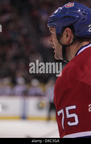 15. Oktober 2011 wartet ein Face-off im ersten Zeitraum Aktion bei den Montréal Canadiens Spiel gegen die Colorado Avalanche im Centre Bell - Montreal, Quebec, Kanada - Montreal Canadiens Defenceman Hal Gill (75). Nach einer Periode sind Montreal und Colorado 1-1 gebunden. (Kredit-Bild: © Phillippe Champoux/Southcreek/ZUMAPRESS.com) Stockfoto