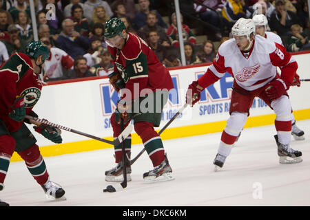 15. Oktober 2011 - steuert St. Paul, Minnesota, USA - Minnesota Wild linke Flügelmann Dany Healey (15) den Puck in der dritten Periode von der Eishockey-Spiel zwischen den Detroit Red Wings und die Minnesota Wild im Xcel Energy Center in St. Paul, Minnesota. Die Red Wings gewann das Spiel 3: 2 in der Overtime. (Kredit-Bild: © Steve Kotvis/Southcreek/ZUMAPRESS.com) Stockfoto