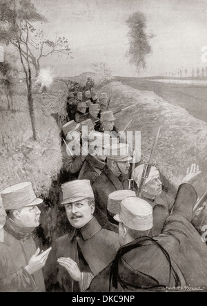 Der König von Belgien in den Schützengräben mit seinen Soldaten im ersten Weltkrieg. Albert I, 1875 – 1934. König der Belgier. Stockfoto