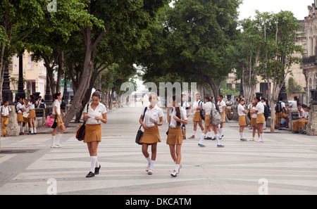 Teenager kubanischen Schulkinder, Schulmädchen in Uniform am Morgen gehen in Schule, der Prado, Havanna, Kuba-Karibik Stockfoto