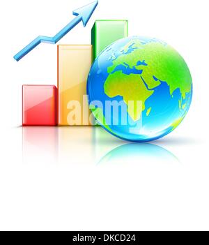 Vektor-Illustration der globalen Business-Konzept mit Finanzen Graph und blau glänzende Kugel zeigt Europa und Afrika Stock Vektor