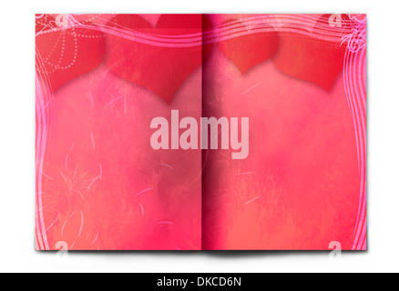 Leer / leer Magazin verbreiten isolierten auf weißen Hintergrund. Altes Papier mit Grunge Texturen und viele große rote Herzen. Stockfoto