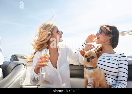 Junge Frauen auf Boot mit Wein Stockfoto