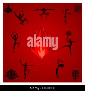 Primitive Menschen tanzen durch das Feuer Stock Vektor