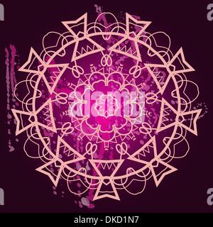 Orientalische Mandala Motiv Runde lase Muster auf schwarzem Hintergrund, wie Schneeflocke oder Mehndi malen in Lichtfarbe mit Aquarell Stock Vektor