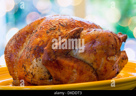 Truthahnbraten auf gelbe Platte für Thanksgiving Dinner Closeup mit unscharfen Bokeh Lichter im Hintergrund gekocht Stockfoto