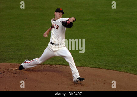 6. August 2007 - San Francisco, CA, USA - San Francisco Giants Krug Tim Lincecum, #55 Stellplätze gegen die Washington Nationals im 1. Inning ihres Spiels auf Montag, 6. August 2007, im AT&T Park in San Francisco, Kalifornien (Credit-Bild: © Jose Carlos Fajardo/Contra Costa Times / ZUMA Press) Stockfoto