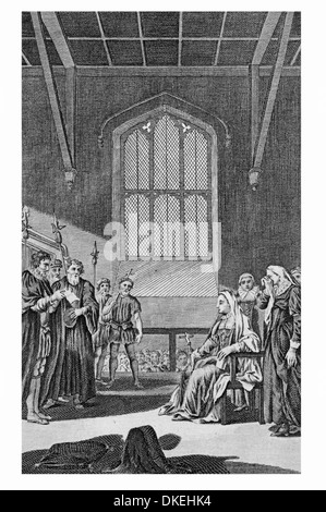 Das Todesurteil zu Mary Queen of Scots in der Halle Fotheringay Burg, wobei sie enthauptet wurde, gelesen Stockfoto