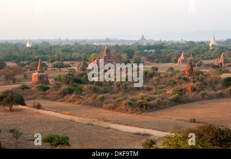 Aus rotem Backstein Tempel inmitten der staubigen Ebenen von Bagan Myanmar (Burma) bei Sonnenaufgang Stockfoto