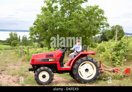 Männliche Kleinkind vorgibt, dem Garten Traktor Stockfoto