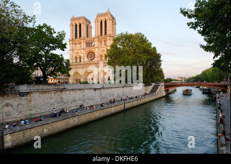 Kathedrale Notre-Dame de Paris im letzten Abendlicht auf der Île De La Cité und der Seine, Paris, Ile de France, Frankreich Stockfoto