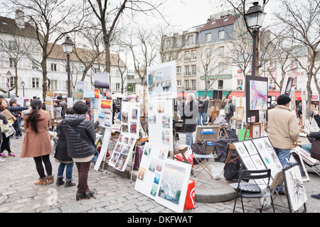 Gemälde zum Verkauf in die Place du Tertre, Montmartre, Paris, Île-de-France, Frankreich, Europa Stockfoto